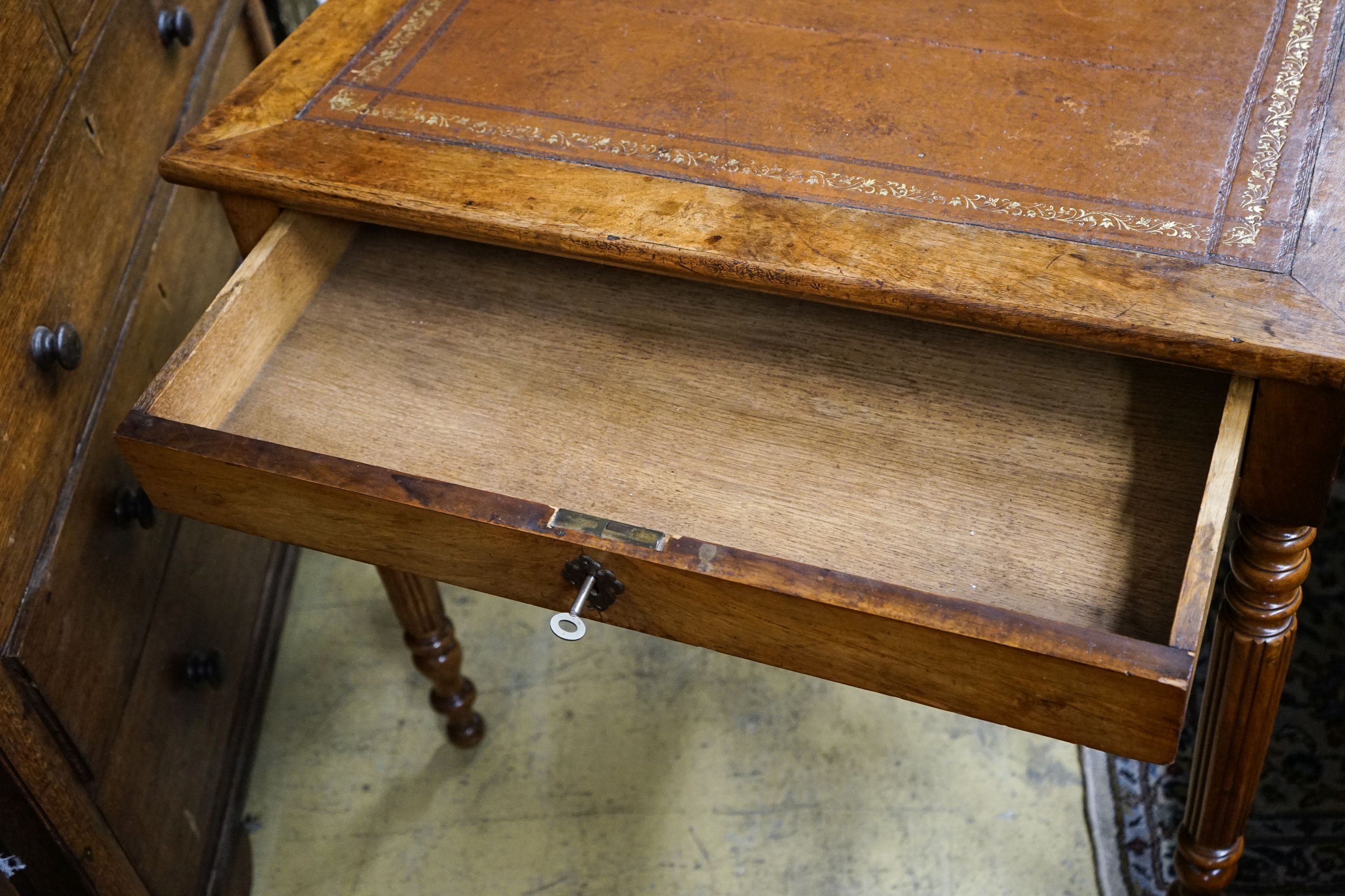 A 19th century French walnut single drawer writing table, width 80cm, depth 49cm, height 76cm